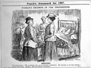 Printed line sketch of two women dressed formally standing and having a discussion in front of a bed in which a mustachioed man is lying asleep.  A woman in matrons uniform stands behind the bed looking on.